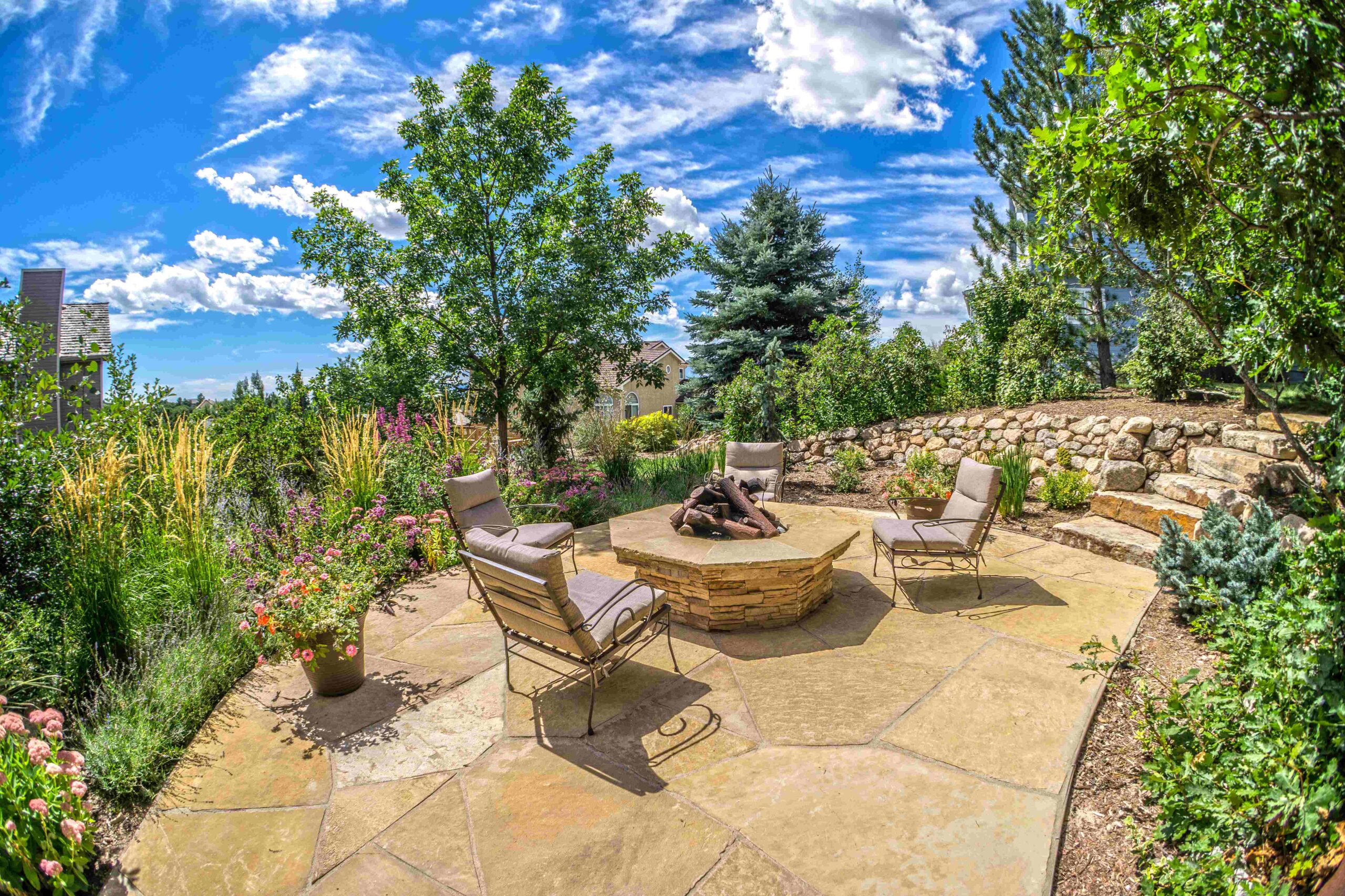 Fire Pit | Metal Logs | Flagstone Patio | Stone Steps